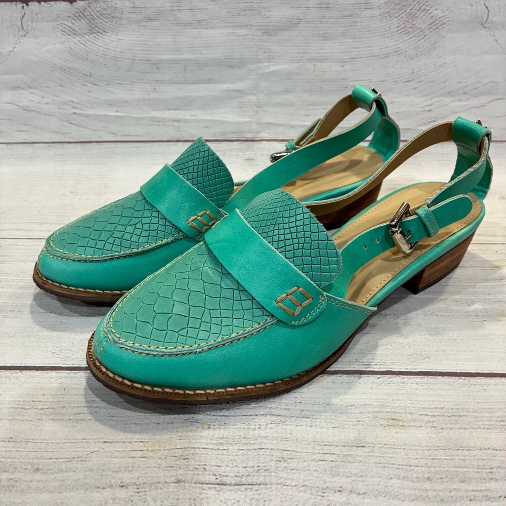 Velez Slingback Loafers Womens‎ EU 37 Turquoise Snake Embossed Leather Excellent